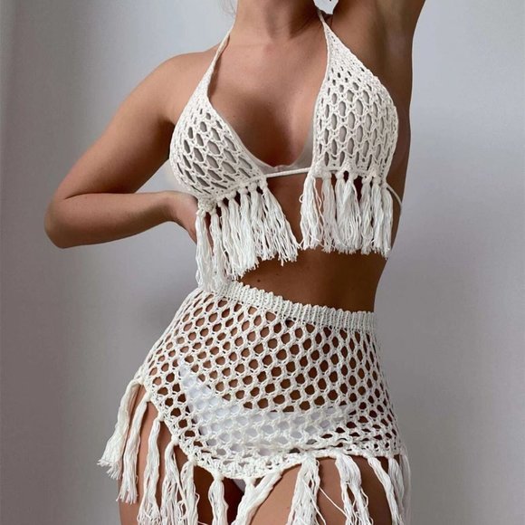 BOHO DOLLZ CROCHET FRINGE BACKLESS TIE HALTER TWO PIECE COVER UP coord SET - Picture 3 of 8